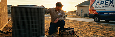 HVAC, a man kneeling next to an Air conditioning system.