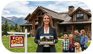 Realtor holding a tablet standing in front of a sold sign with a happy family behind her.