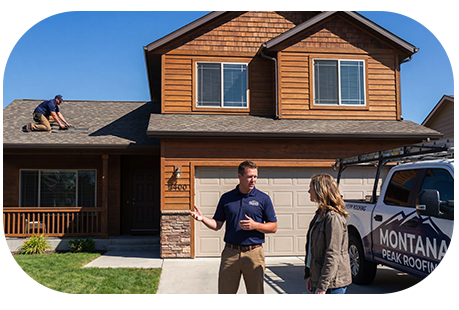 Roofer in front of customers house discussing the new contract.